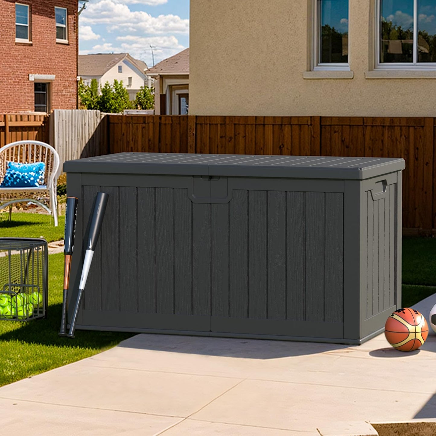 Patiowell 100 Gallon Resin Deck Box, Waterproof Large Outdoor Storage Box for Patio Furniture and Garden Tools, Black