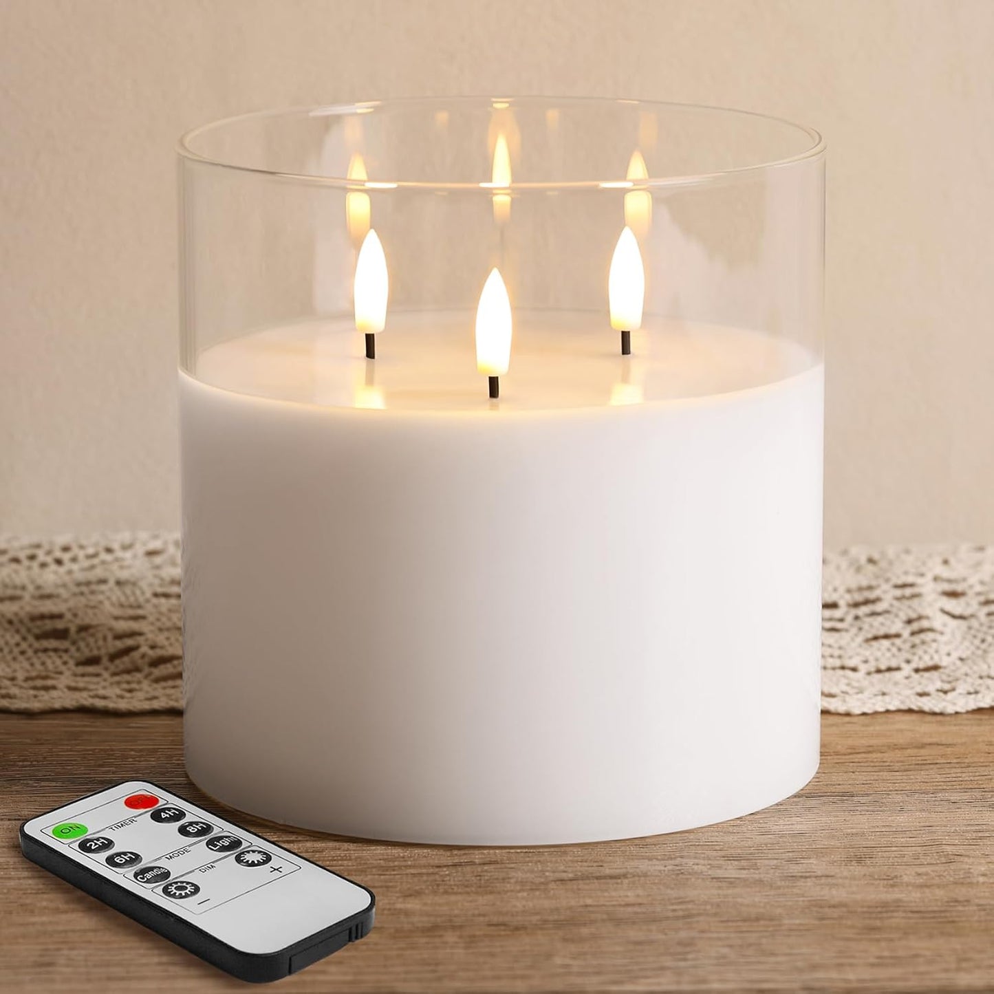 Eywamage 3 Wick Smoke Grey Glass Flameless LED Candle with Remote, Flickering Large Battery Pillar Candle Decor Φ 6" H 6"