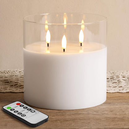 Eywamage 3 Wick Smoke Grey Glass Flameless LED Candle with Remote, Flickering Large Battery Pillar Candle Decor Φ 6" H 6"