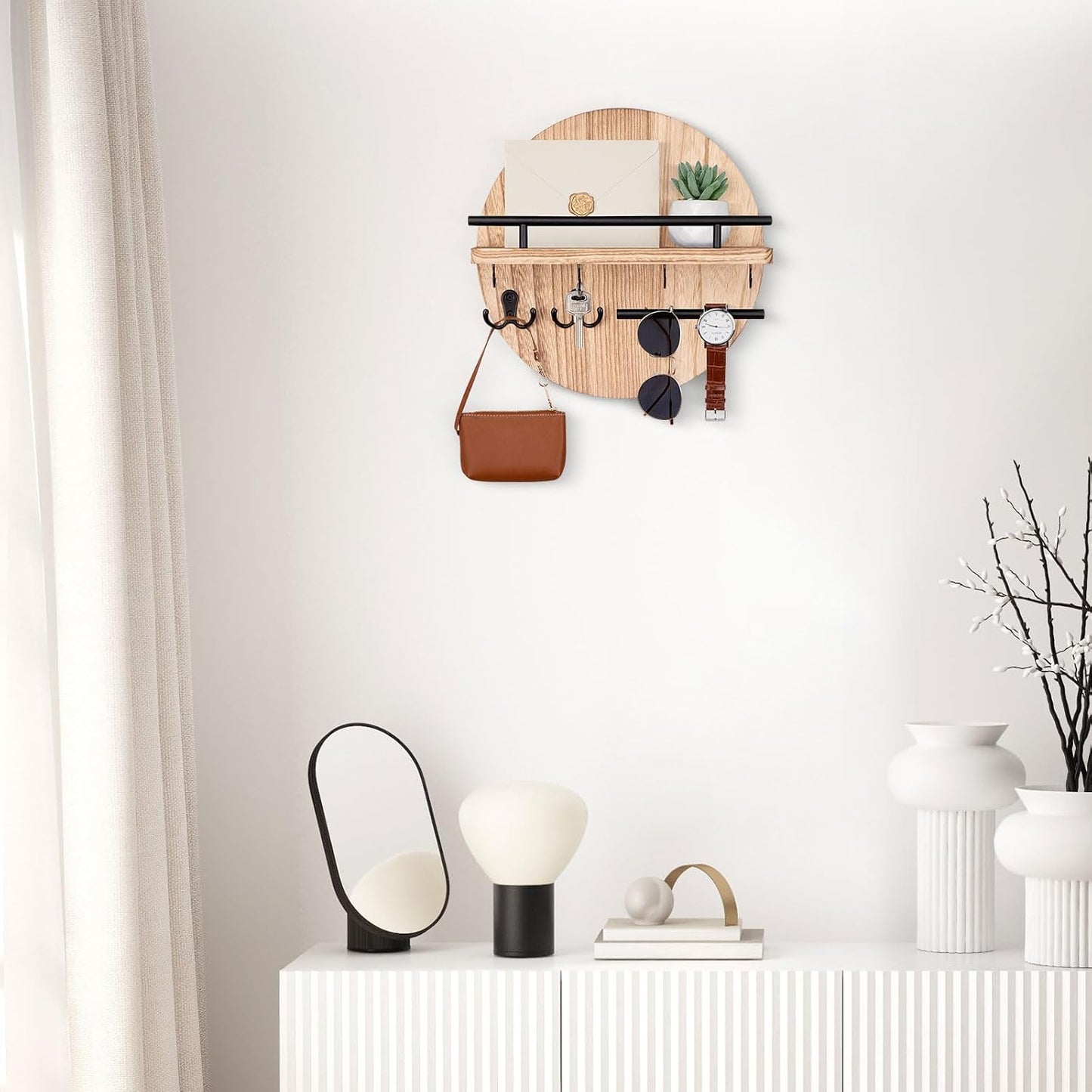 Nekon Key Holder Wall Mount, 11.8 Inch Rack With Shelf and 6 Hooks, Rustic Mail Organizer, Circular Wooden Hanger for Entryway Hallway Kitchen (Brown&Gold)