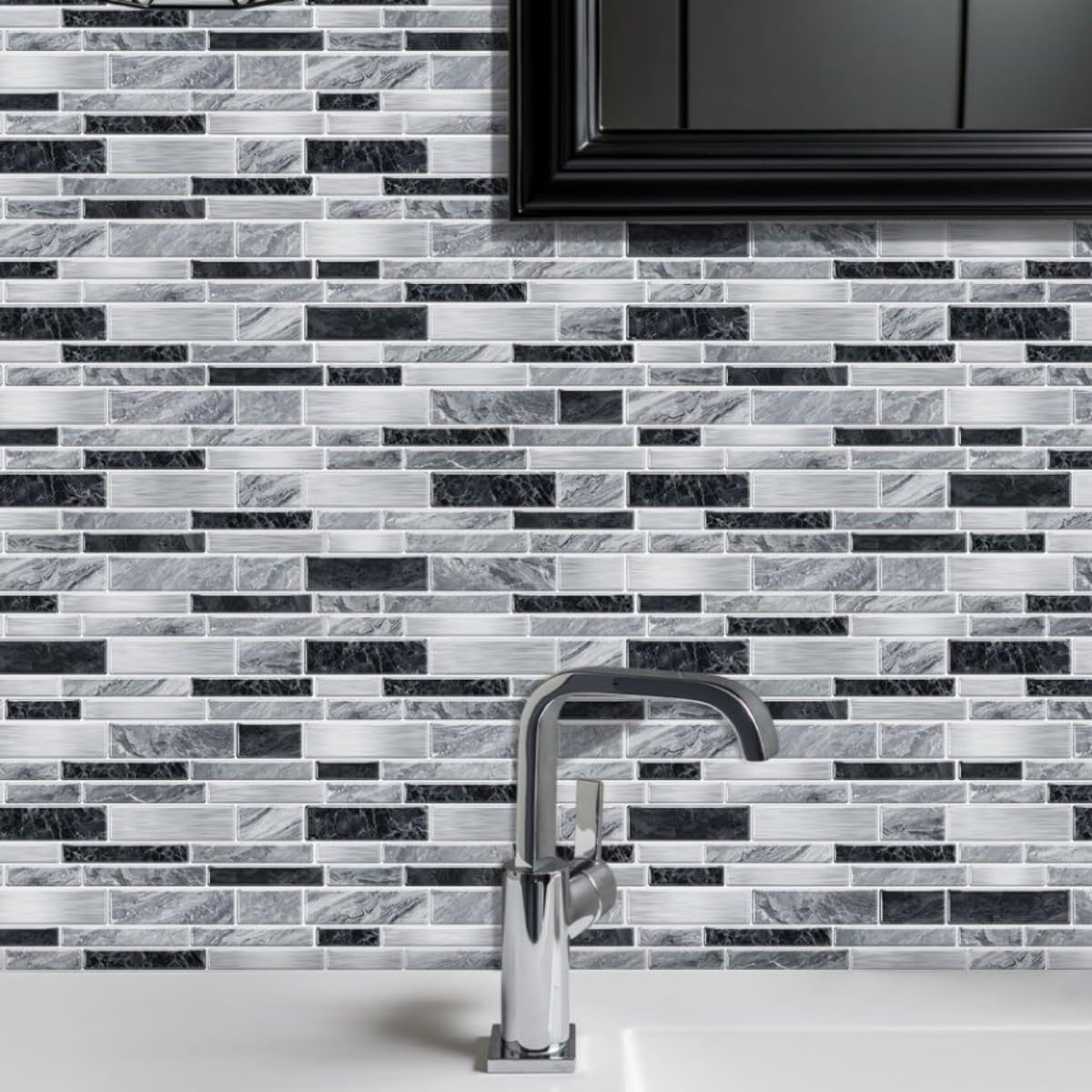Heikki Peel-and-Stick Self-Adhesive Wall Tiles, 4.7×9.7-inch Kitchen & Bathroom Splashback Tiles, Marble Pattern Design (48-Piece Set) (Black-Gray)