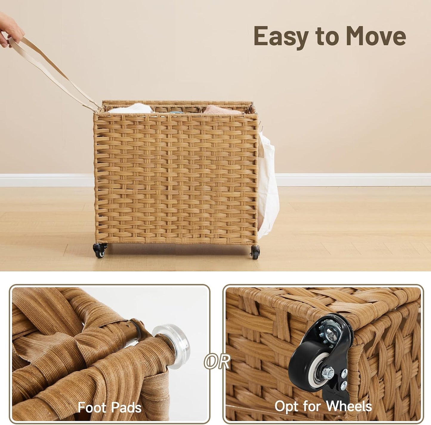 Laundry Hamper with Wheels, 34.3 Gallon(130L) Rolling Laundry Basket with Lid, 3-Section Rattan Clothes Hamper with 3 Removable Liner & 3 Mesh Bags, Laundry Sorter with Side Pocket, Brown