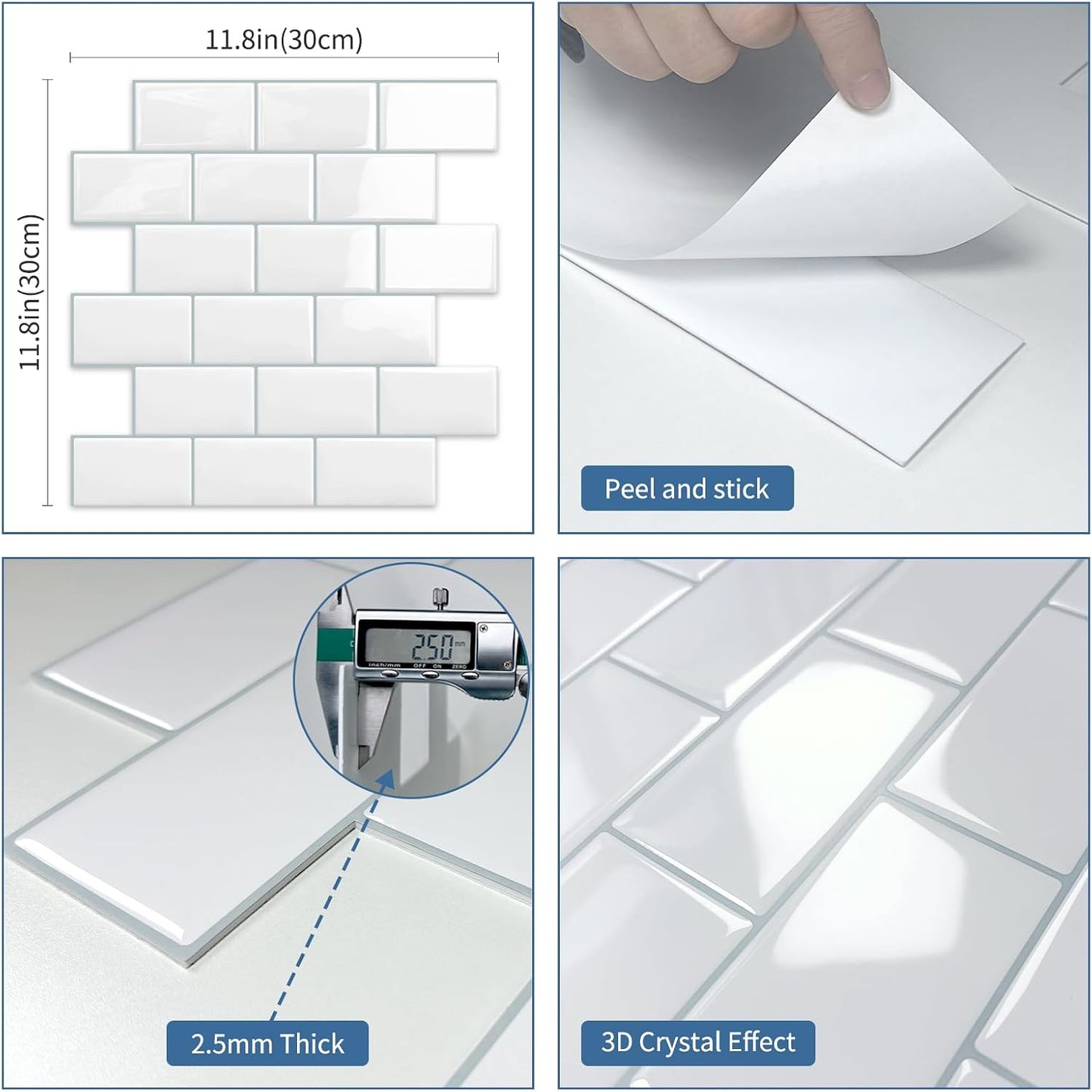 White Peel and Stick Backsplash Subway Tile 3D Brick Self Adhesvie Wall Tiles for Kitchen Bathroom Thick (10-Sheet, 12"×12") | Metro,Thick,Sticky,for Kitchen Splashbacks,Bathroom, (12"×12")