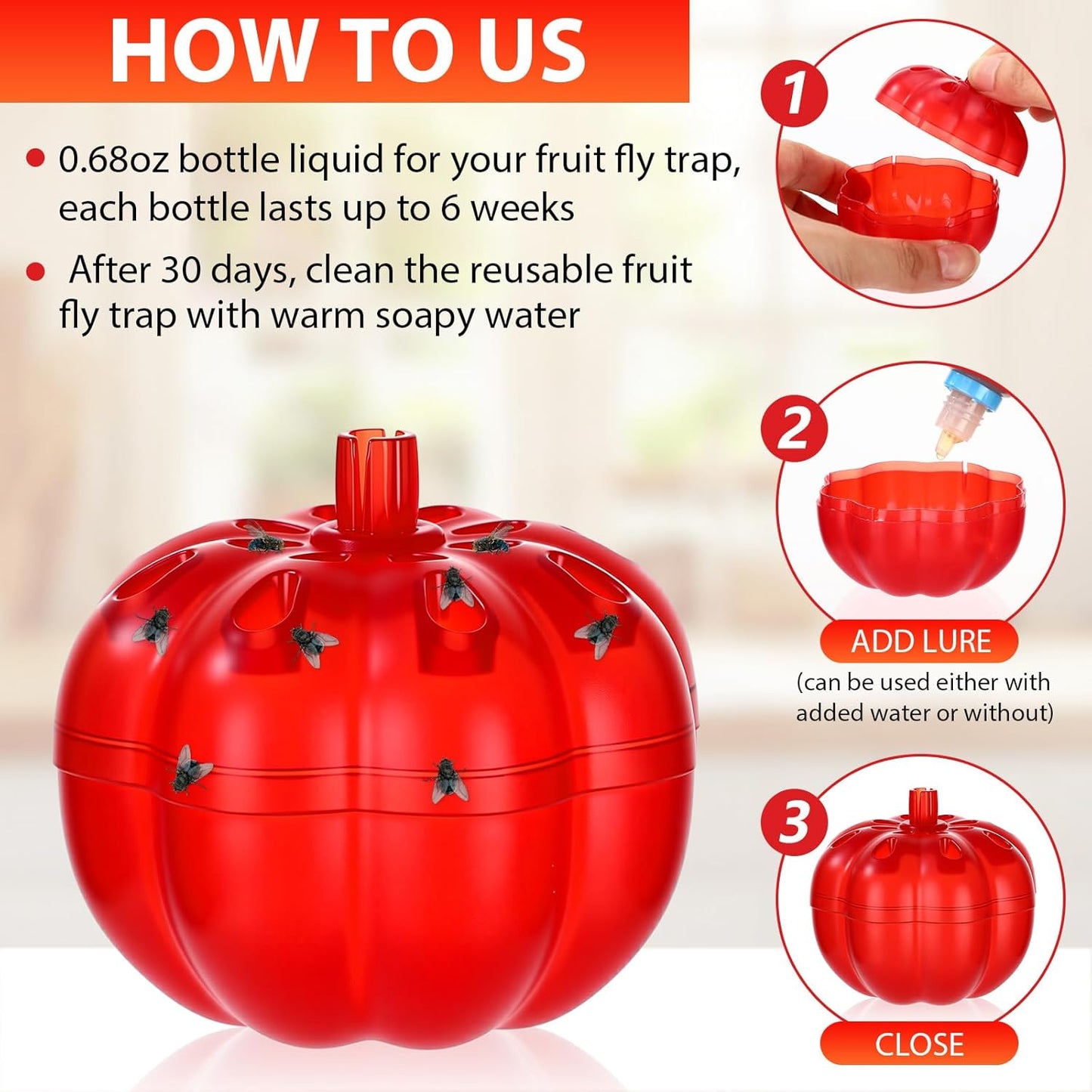 12 Pack Fruit Fly Traps for Indoors 12 Bottle 0.68oz Refills Liquid, Fruit Fly Killer Gnat Traps for Indoor 540 Days Supply of Reusable Gnat Trap with Lure for Kitchen House Dining(Clear)