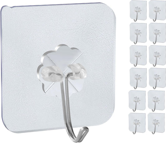 12heavy-Duty Transparent Strong self-Adhesive wall Hooks, Waterproof and Oil-Proof, with a Maximum Load Capacity of 22 pounds, Suitable for Rooms, Kitchens, bathrooms and Toilets