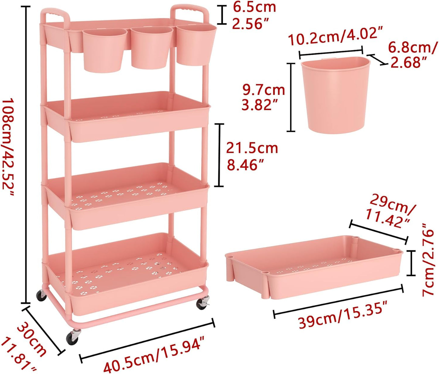 JIUYOTREE 4-Tier Plastic Rolling Storage Cart Utility Cart with Extra Hanging Cups Handles Lockable Wheels for Living Room Bathroom Kitchen Office White