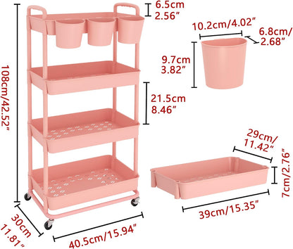 JIUYOTREE 4-Tier Plastic Rolling Storage Cart Utility Cart with Extra Hanging Cups Handles Lockable Wheels for Living Room Bathroom Kitchen Office White