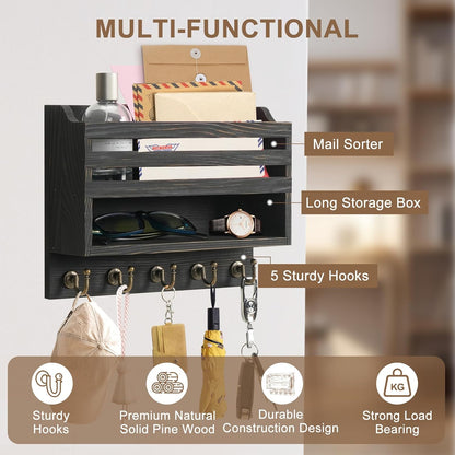 Mail and Key Organizer for Wall – Key Holder Wall Mount with Storage Box and 5 Key Hooks, Mail Holder Wall Mounted for Entryway, Apartment, Office, Home Decor Organization (Brown)