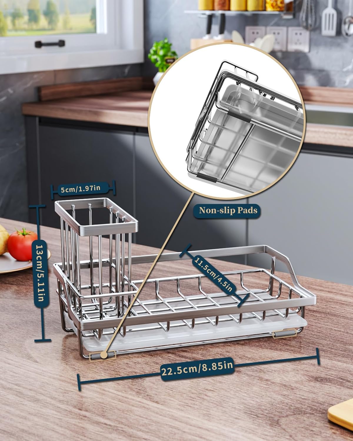 Consumest Sponge Holder for Kitchen Sink - Kitchen Sink Caddy Organizer with Removable Drip Tray for Countertop Dish Soap Dispenser Brush Storage Accessories 304 Stainless Steel - Black