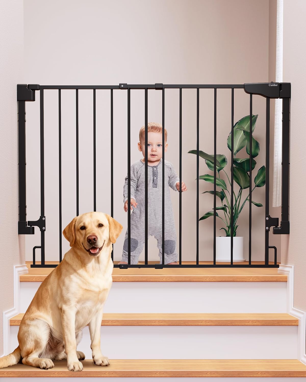 Cumbor 29.2–43" Baby Gate for Stairs, Hardware Mounted (Drill Required), Expandable No Bottom Bar Dog Gate, Auto Close Extra Wide Walk Thru, Pet & Toddler Proof Gate, Top & Bottom of Stairways (White)