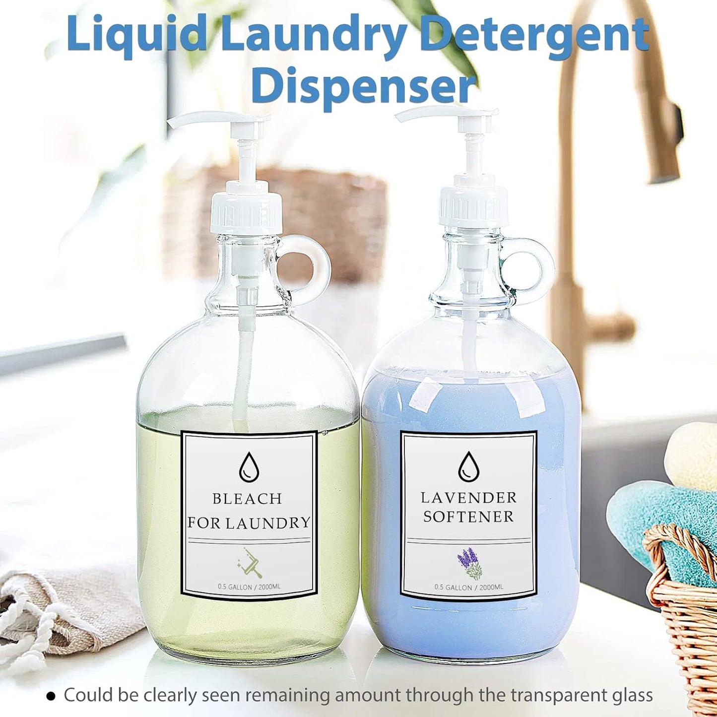 Sovietiep 2 Pack 64 Oz Laundry Detergent Dispenser with Pump and Lid - Half Gallon Glass Pump Bottle for Laundry Soap Dispenser, Liquid Detergent, Fabric Softener Dispenser - Extra Label, Funnel