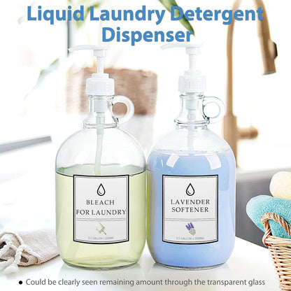 Sovietiep 2 Pack 64 Oz Laundry Detergent Dispenser with Pump and Lid - Half Gallon Glass Pump Bottle for Laundry Soap Dispenser, Liquid Detergent, Fabric Softener Dispenser - Extra Label, Funnel