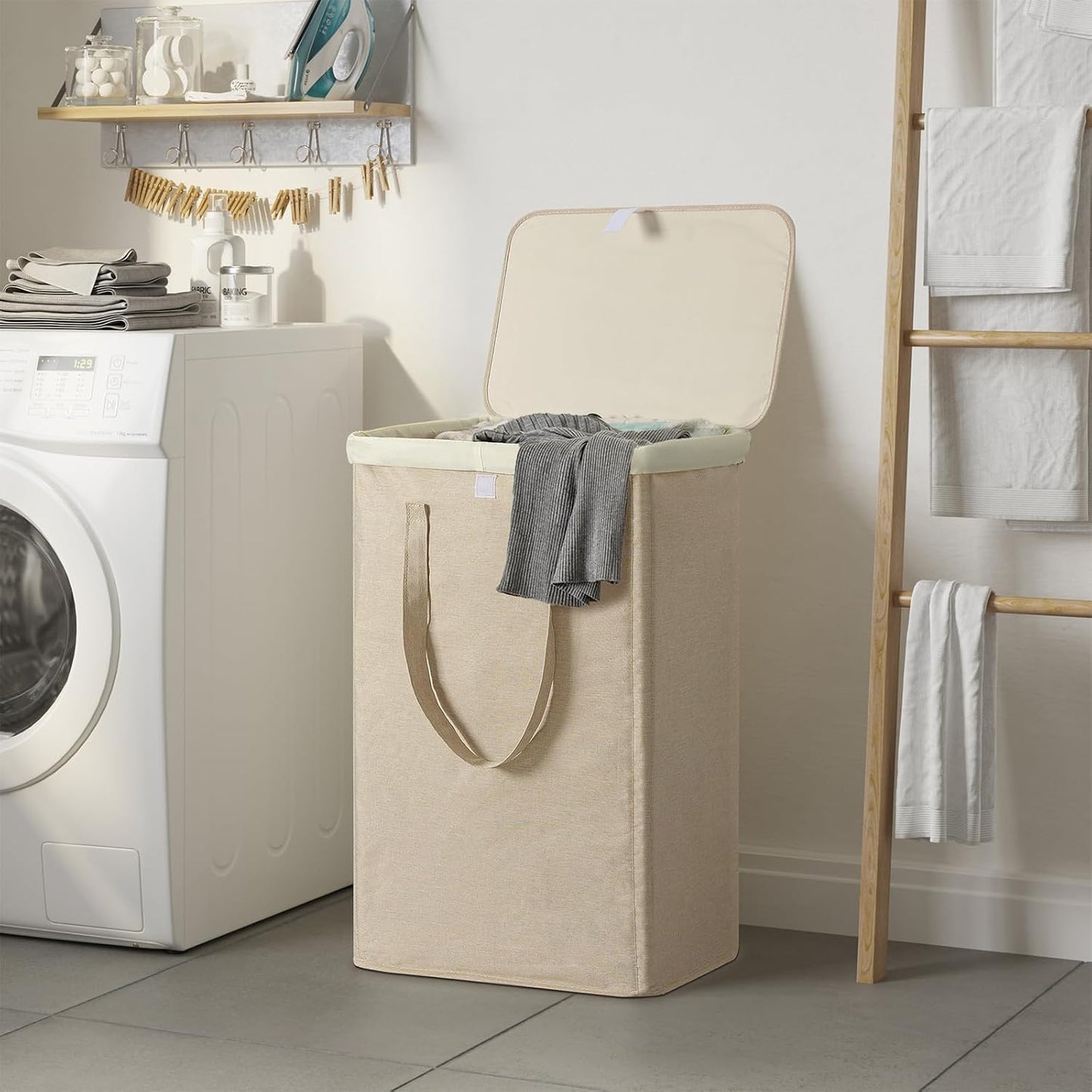 WOWLIVE 180L Laundry Hamper with Lid 3 Section,Large Laundry Basket with Removable Bags and Handles,Collapsible Dirty Clothes Hampers for Laundry,Laundry Basket Organizer for Laundry Room,Dorm,Beige
