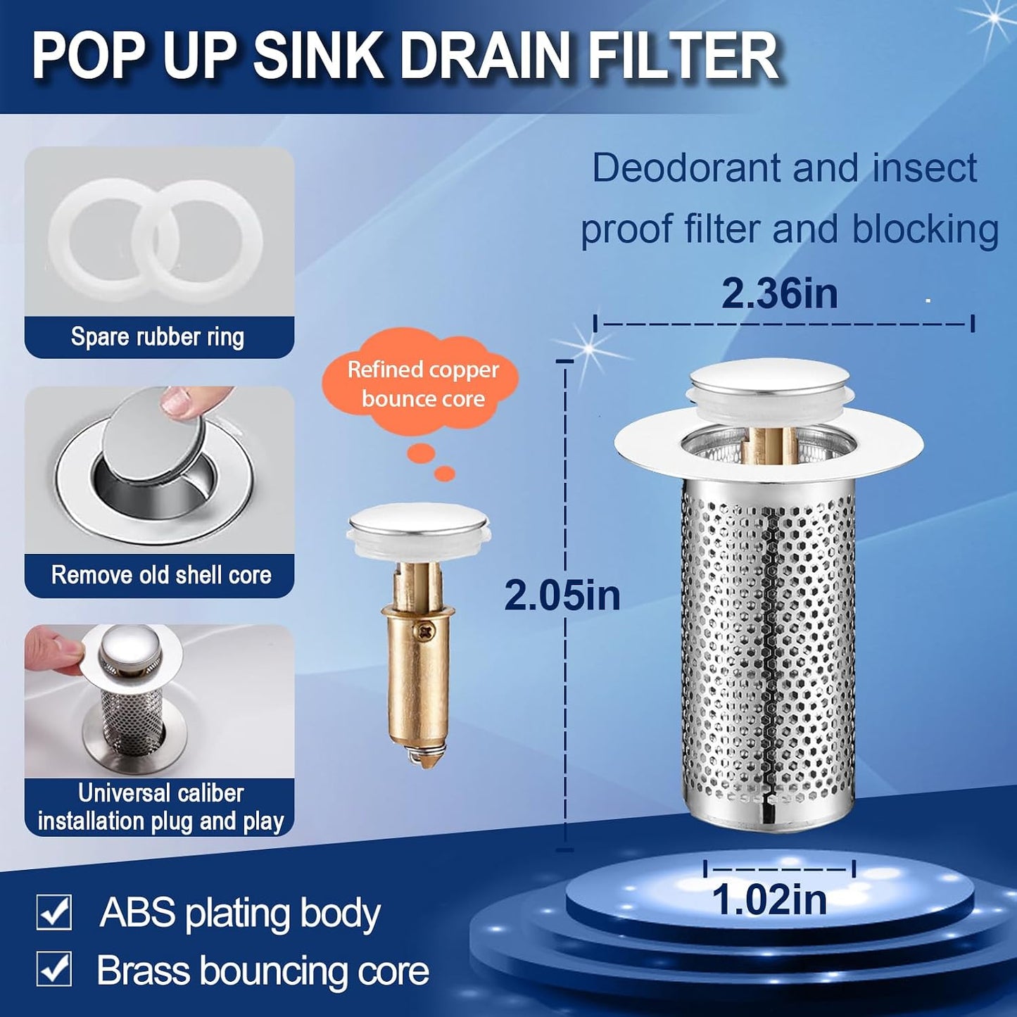 Bathroom Sink Stopper 2Pcs,Sink Drain Strainer,Hair Catcher with Removable Stainless Steel Filter Basket,Universal Sink Plug,Suitable for Most Sinks,Washbasin,Bathtubs