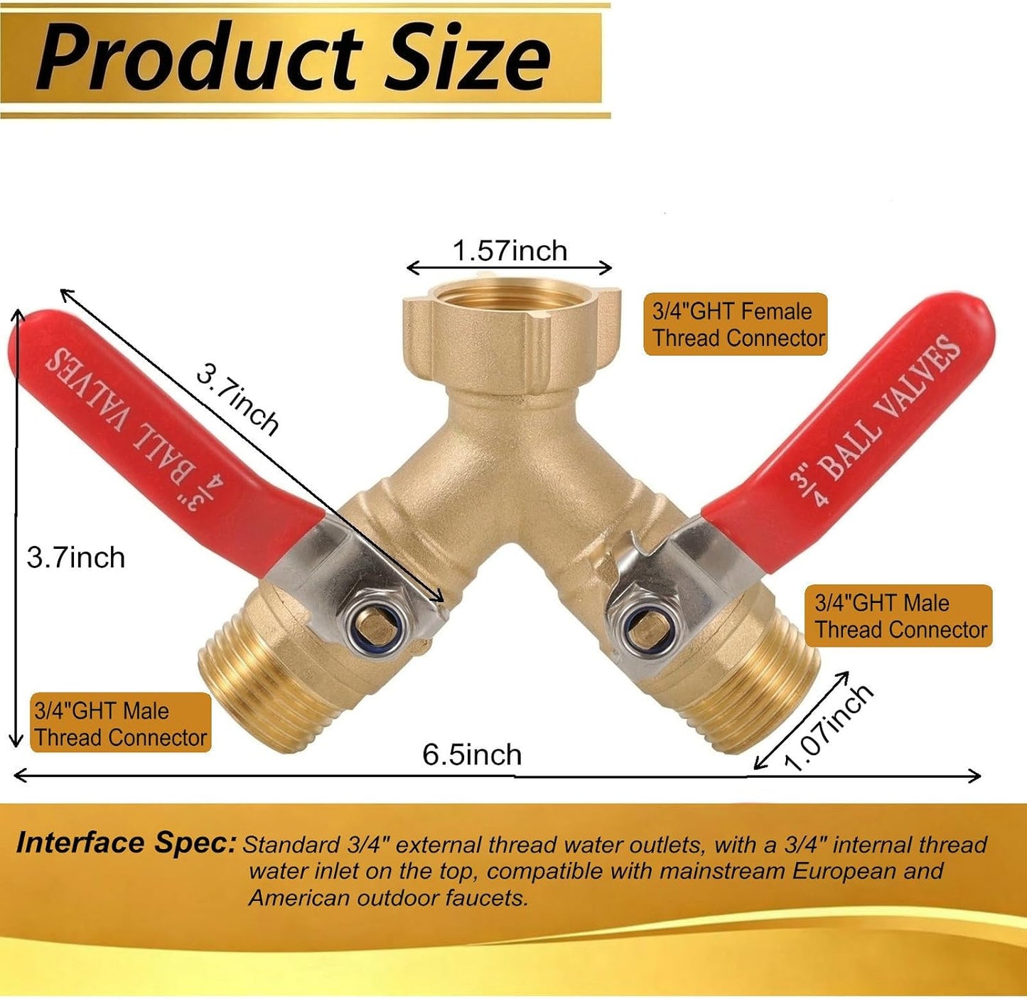 3/4 Inch Brass Y Garden Hose Splitter, 2-Way Outdoor Water Tap Ball Valve Connector with Individual Shut-Off Long Handles, Heavy-Duty Brass Spigot Diverter for Lawn Irrigation, Car Washing