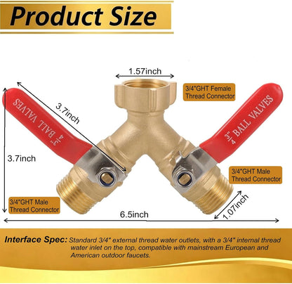 3/4 Inch Brass Y Garden Hose Splitter, 2-Way Outdoor Water Tap Ball Valve Connector with Individual Shut-Off Long Handles, Heavy-Duty Brass Spigot Diverter for Lawn Irrigation, Car Washing