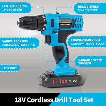 346Pcs Tool Sets, 18V Electric Power Drill Set for Men, Household Home DIY Hand Tool Kits,18+1 Clutch Cordless Power Drill Set for Thanksgiving, Christmas,Father's Day (Silver)