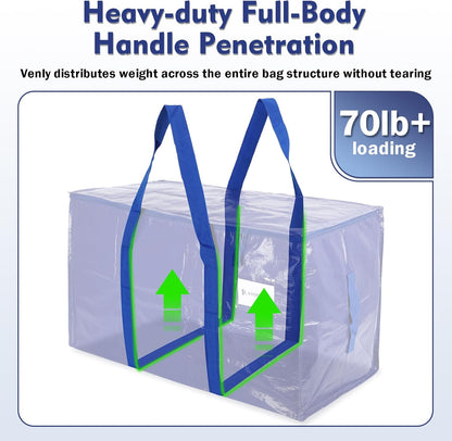 KYODOLED 10-Pack Clear Moving Bags Heavy Duty Extra Large, Storage Totes with Reinforced Handles, Zippers & Label Pocket, Transparent Packing Containers for College Dorm, Clothes, Bedding, Toys