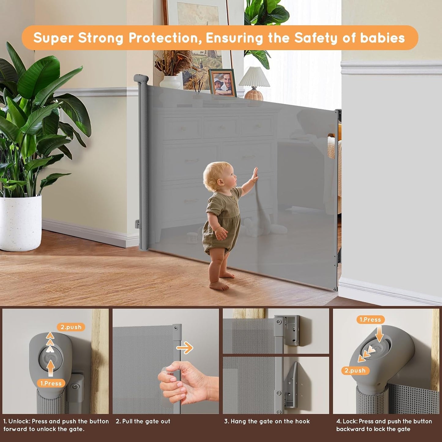 Retractable Baby Gate, 38" Extra Tall Mesh Dog Gate with Auto-Tension Design, 71" Wide One-Hand Operation Doorway Gates for Pets & Babies, No Bottom Rail Safety Gate for Hallways, Black
