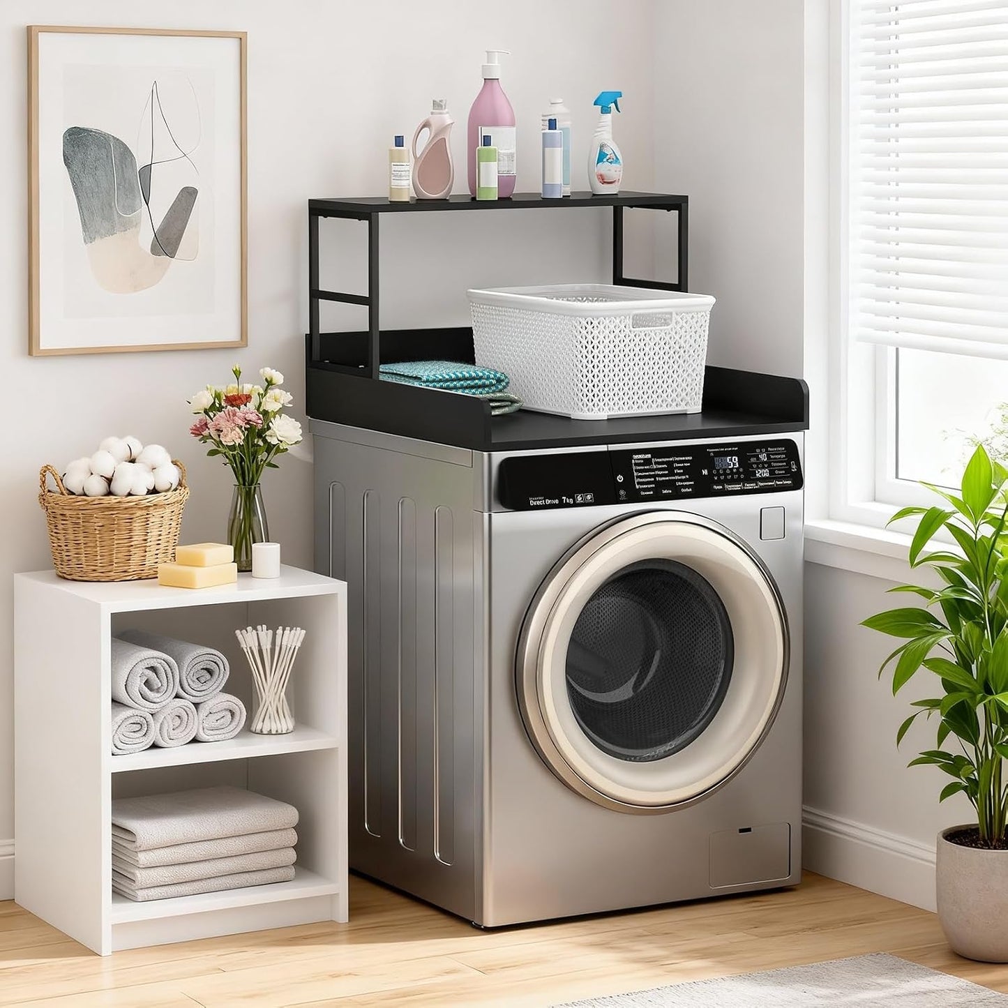 Washer Dryer Countertop with Guardrails, Heavy Duty Laundry Room Counter Top with Anti-Slip Strips & Storage Space, Waterproof Over Washer Dryer Shelf for Laundry Room Organization Black