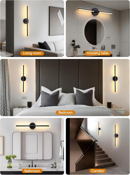 Battery Operated Wall Sconces Set of 2, Modern Wireless Wall Lights with Remote & Touch Control, 24 Inch Black Dimmable Rechargeable LED Sconce with 3 Colors & Timer for Bedroom, Living Room, Hallway