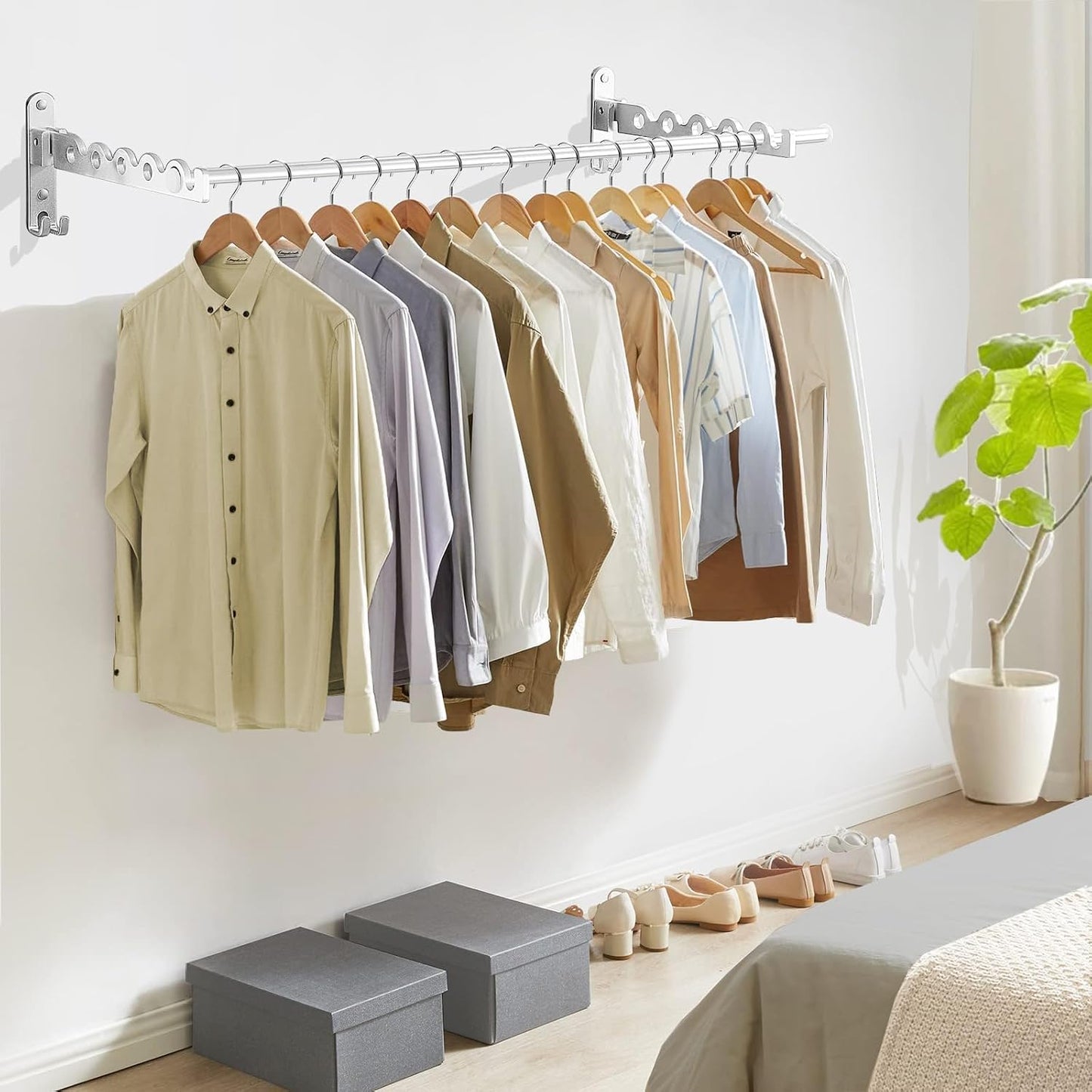 Clothes Drying Rack Wall Mounted Drying Racks for Laundry Room Organization and Storage Clothes Rack，Aluminum Dryer Rack with Two Drying Rods for Hanging Wet and Dry Clothes