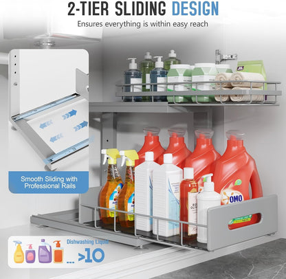 Under Sink Organizer Upgrade To Professional Rails,2-Tier Dual Pull Out Cabinet Storage,Height Adjustable Slide Out Drawers For Bathroom Kitchen,2 Pack-14.5" Dx12.8-16.9" H,White