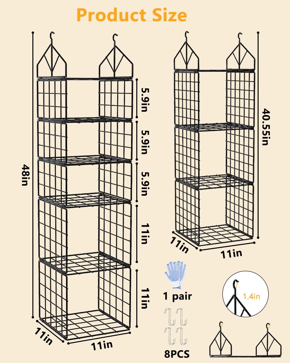 2 Pack Hanging Closet Organizer and Storage, 5 Tier & 3 Tier Metal Wire Closet Shelves with 8 S Hooks, Hanging Storage Shelf for Clothes Shoes Sweaters Handbags Laundry
