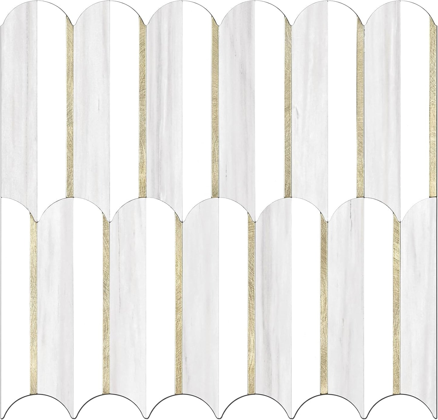 Vamos Peel and Stick Backsplash Seamless Tile for Kitchen and Bathroom,White and Beige Slate PVC Mixed Light Gold Self Adhesive Fish Scale Metal Mosaic Tiles (10 Sheets)