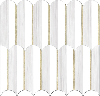 Vamos Peel and Stick Backsplash Seamless Tile for Kitchen and Bathroom,White and Beige Slate PVC Mixed Light Gold Self Adhesive Fish Scale Metal Mosaic Tiles (10 Sheets)