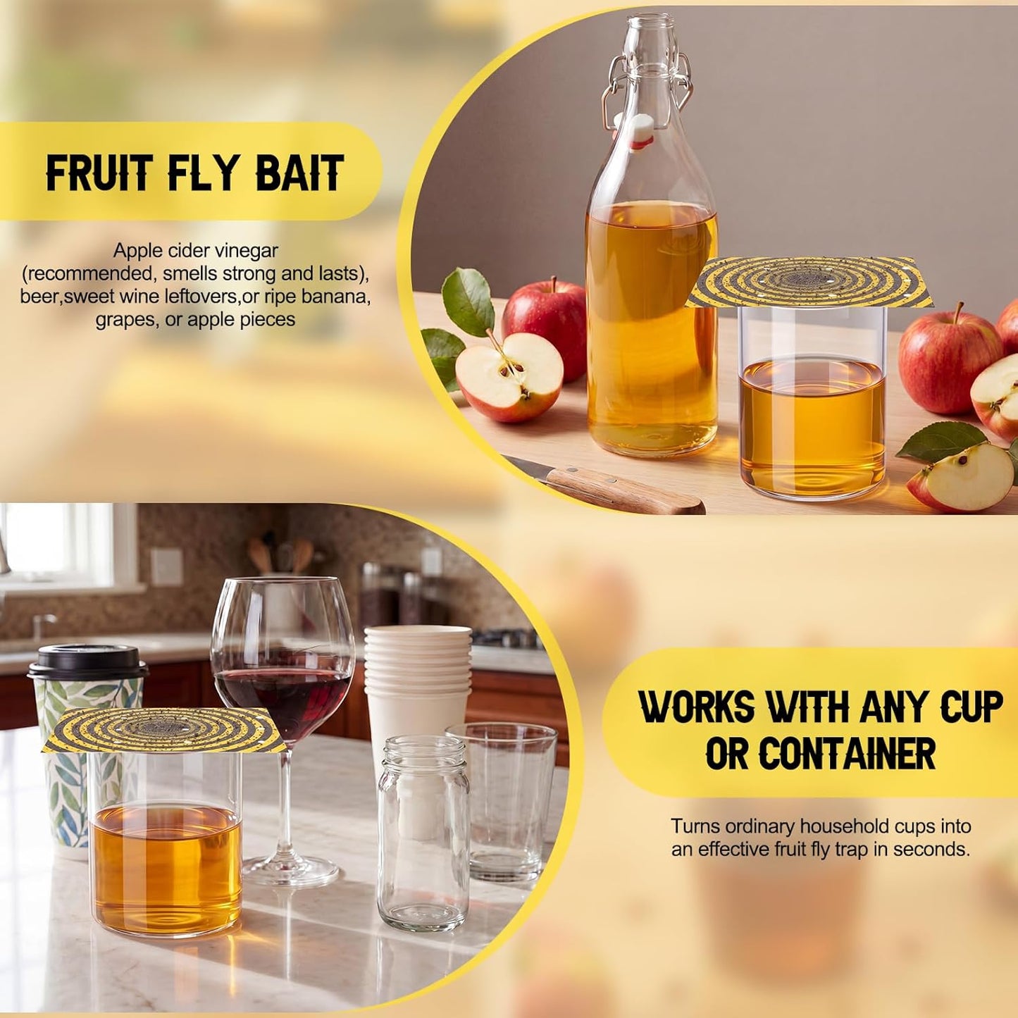 100 Pack Fruit Fly Trap Covers, Single-Sided Sticky Paper Lids, 8 Vent Holes for Vinegar/Wine Bait, Fits Cups & Jars for Indoor Kitchen & Pantry Gnat Control (Round,Yellow)