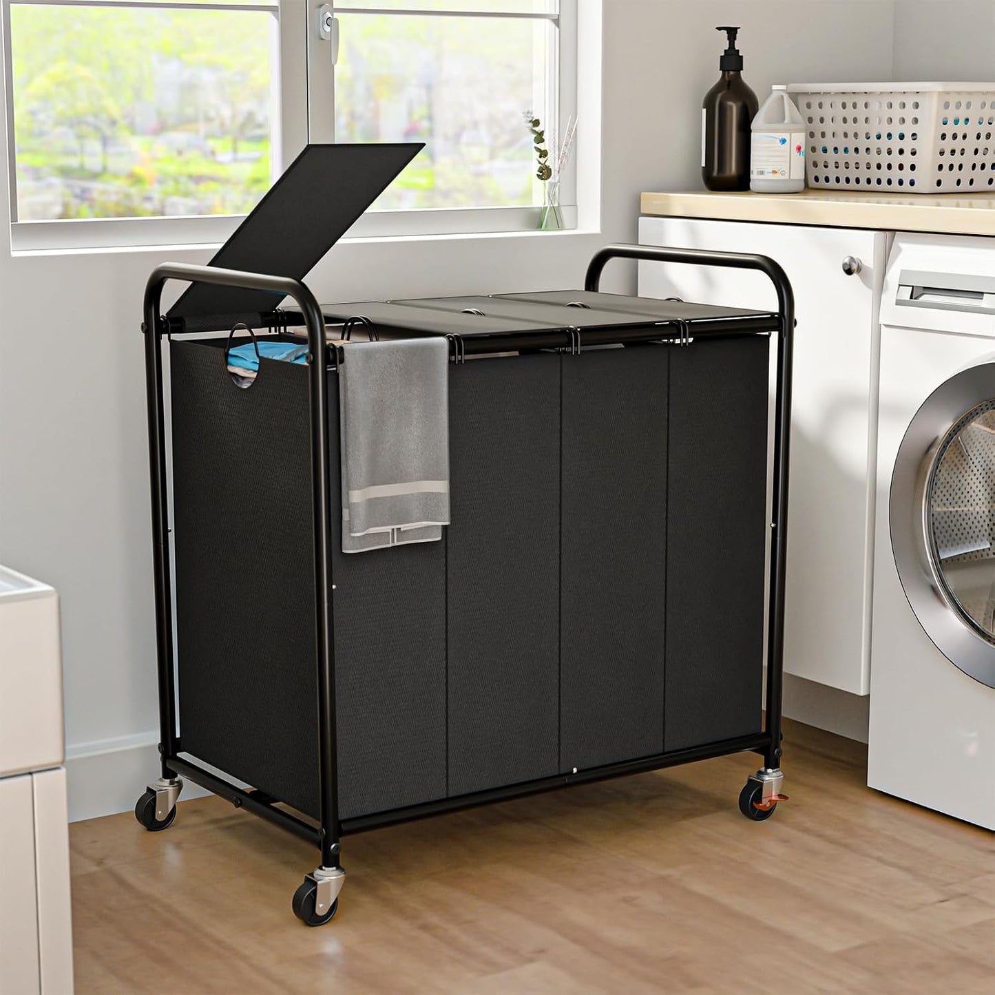 180L (47.55 Gal) Laundry Sorter 3 Section, Rolling Laundry Basket with Lockable Wheels and Lid, Laundry Hamper with 3 Separated Removable Bags Dirty Clothes Hamper for Laundry Room Organizer, Black