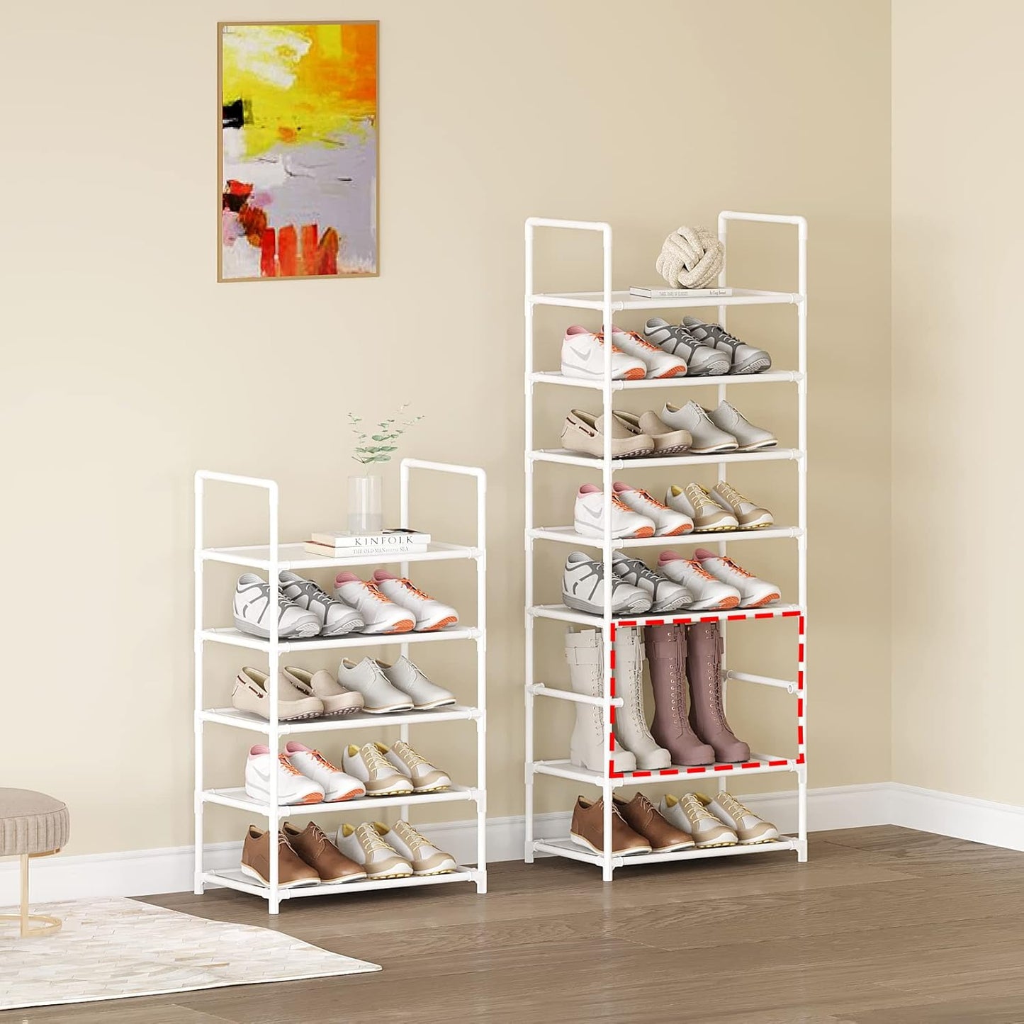 Small Shoe Rack 6-8 Pairs Sturdy Shoe Shelf 4-Tiers Narrow Stackable Shoe Organizer,Lightweight Kids Shoe Racks for Entryway, Doorway and Closet（Black）