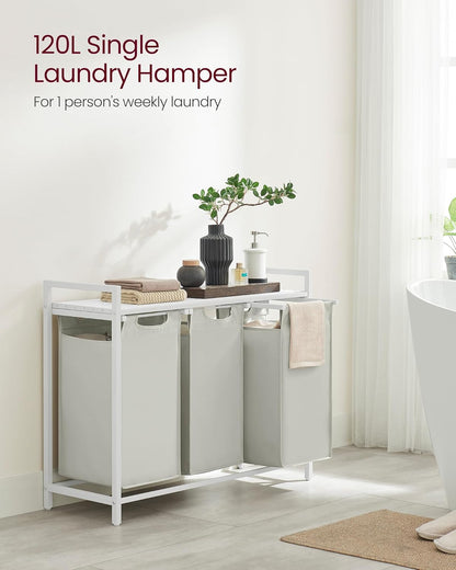 VASAGLE Laundry Hamper, Laundry Basket Sorter with 3 Pull-Out and Removable Bags, Shelf, Metal Frame, 3 x 10.6 Gallons (40 L), 36.4 x 13 x 28.4 Inches, Cappuccino Beige and Natural Beige UBLH301LH01