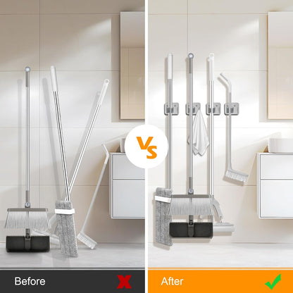4 Pack Stainless Steel Mop and Broom Gripper with Hook, Screw Drilling or Self Adhesive Mop and Broom Holder Wall Mount, Storage Rack for Closet Laundry Garage Garden Tool Organizer, Silver