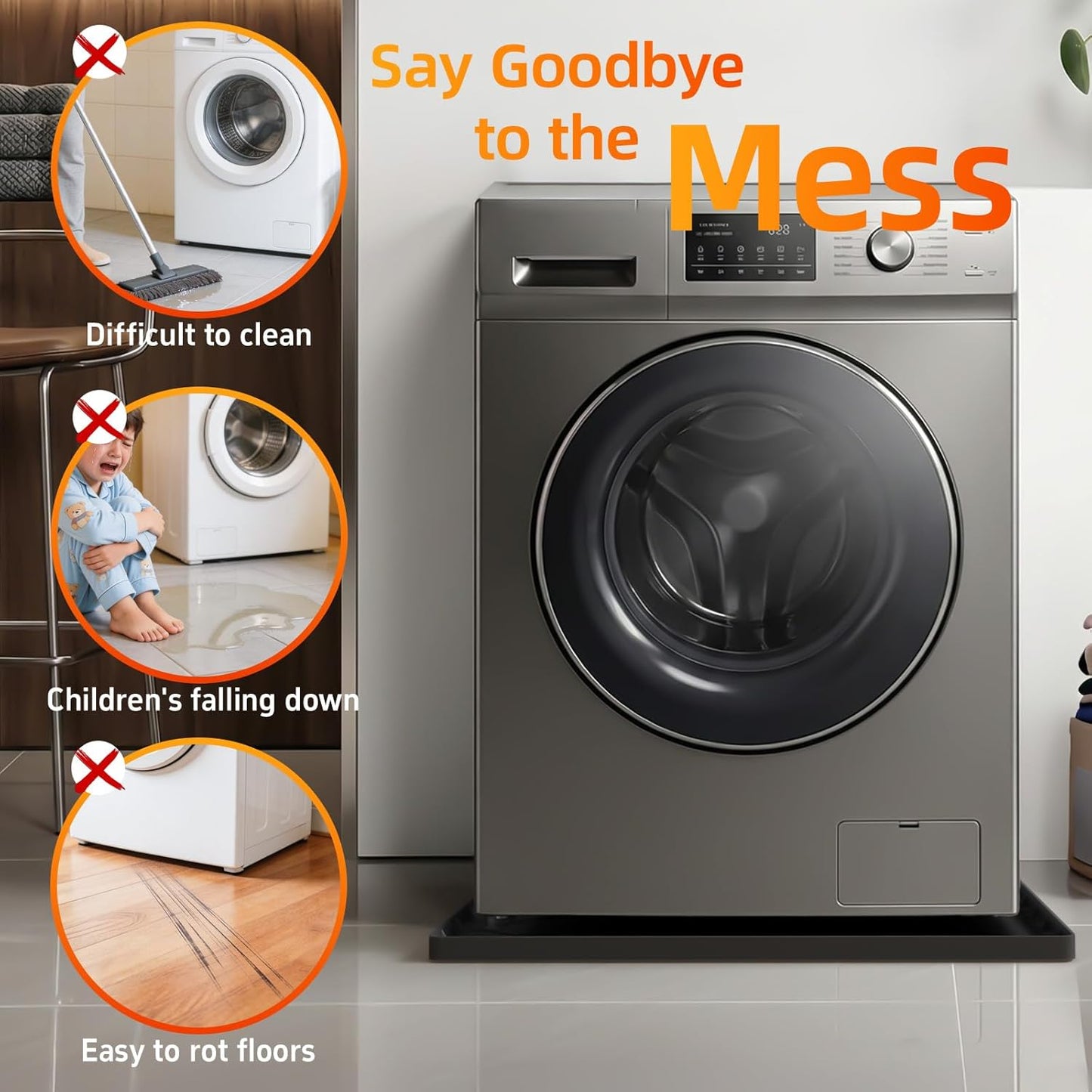 Washing Machine Drain Pan Silicone Mat, 32 x 30 Inch Washer Drip Tray, Non-Slip Waterproof Washer Tray for Floor Protection, Anti-Vibration Mat for Washer or Dryer
