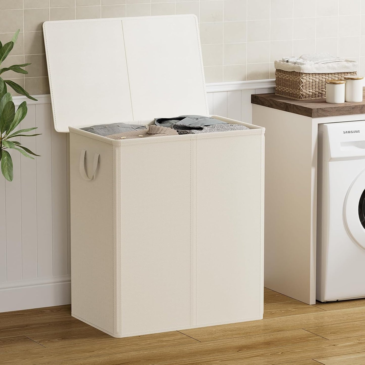 Chrislley 140L Laundry Hamper 2 Section, Double Laundry Basket with Lid, Large Dirty Clothes Hamper with Removable Liner Bags, Collapsible Laundry Organizer for Bedroom, Dorm,Beige
