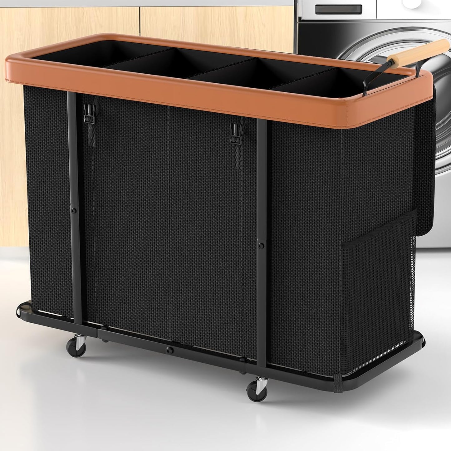 230L (60 Gal) Extra Large Fashion Laundry Sorter 3 Section with Lid, Rolling Laundry Basket Hamper with Handle, Laundry Organizer Storage Cart with Sturdy Metal Frame for Laundry Room, Hotel, White