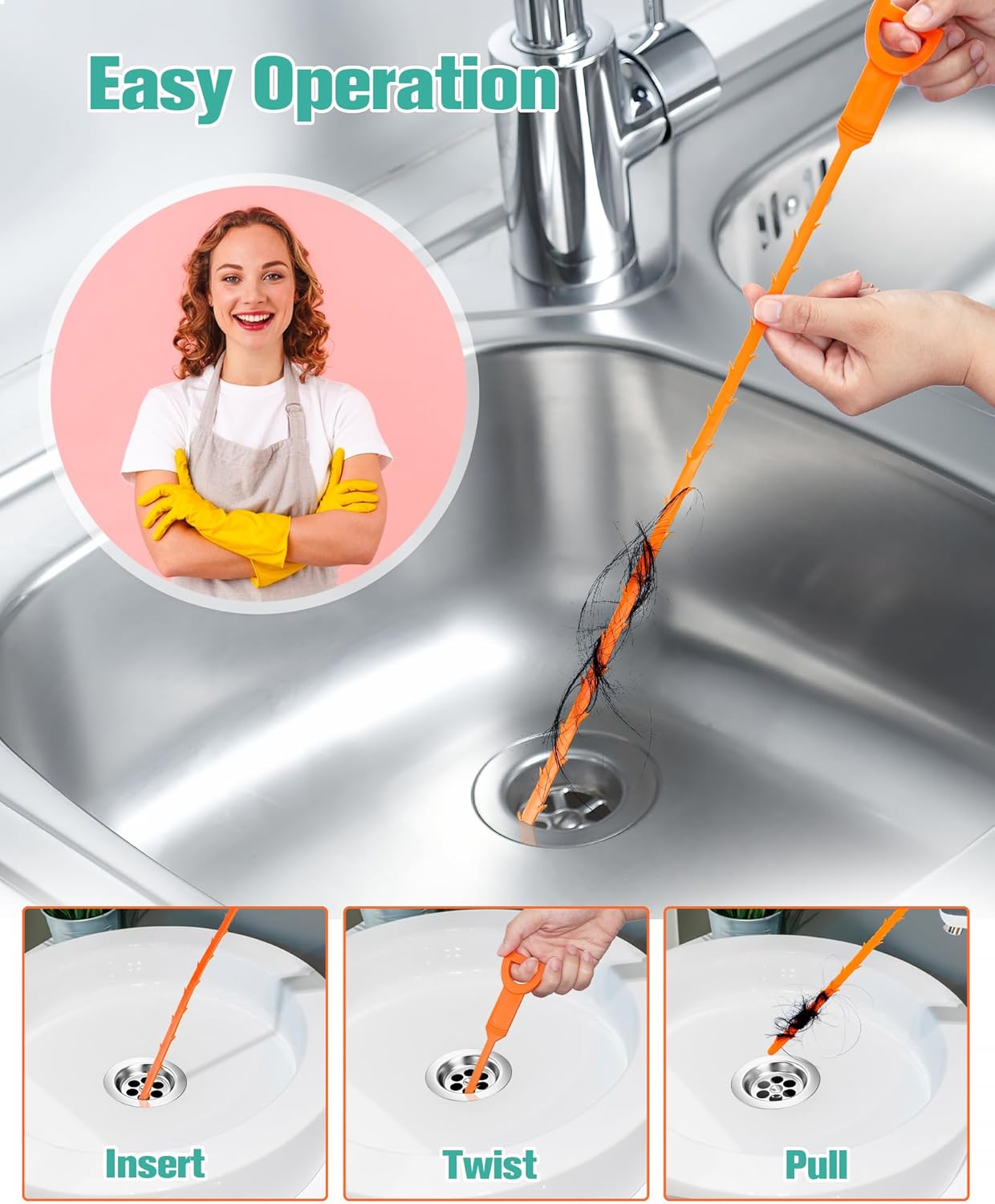 Oanie 7 Pack Drain Cleaner - 25inch Hair Clog Remover Tool, Sticks To Drain Hair, Sink Snake for Shower, Kitchen Sink, Bath Tub, Bathroom