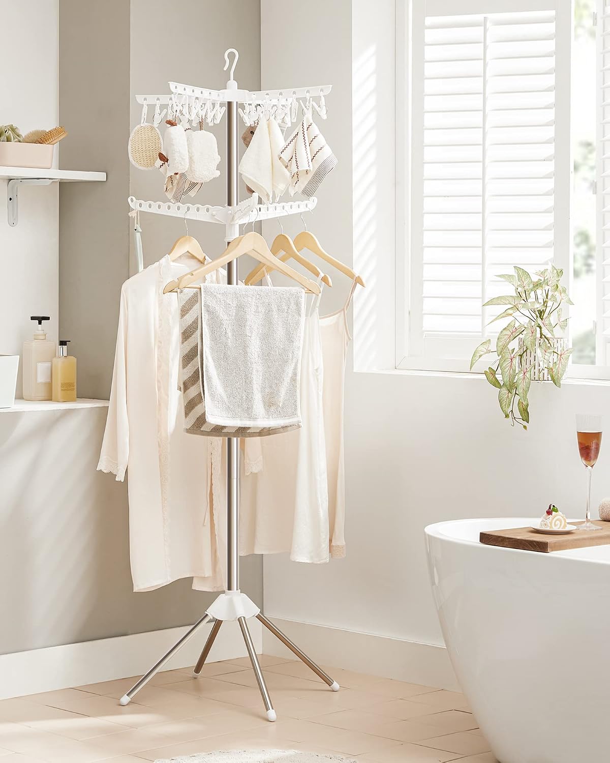 SONGMICS 2-Tier Clothes Drying Rack, 72-Inch Folding Laundry Drying Rack with 3 Rotatable Arms for Hangers, 24 Clips, Stainless Steel, for 27 Pieces of Clothes, Blue and Silver ULLR512Q01