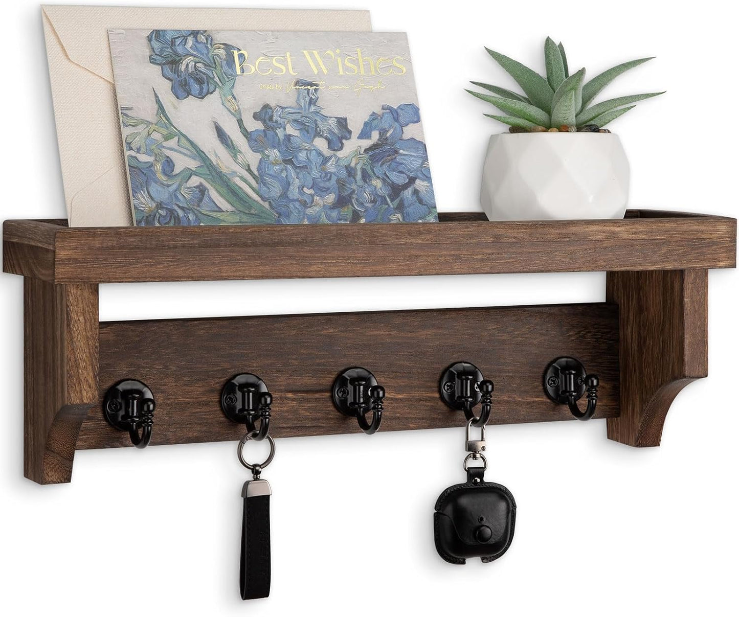 Key and Mail Holder Wall Mount, Key Holder with Shelf and Mail Organizer Wall Mount. Mail Holder with 5 Hooks for Coat, Dog Leash, Home Decor Rack, Entry Way Organizer (White)