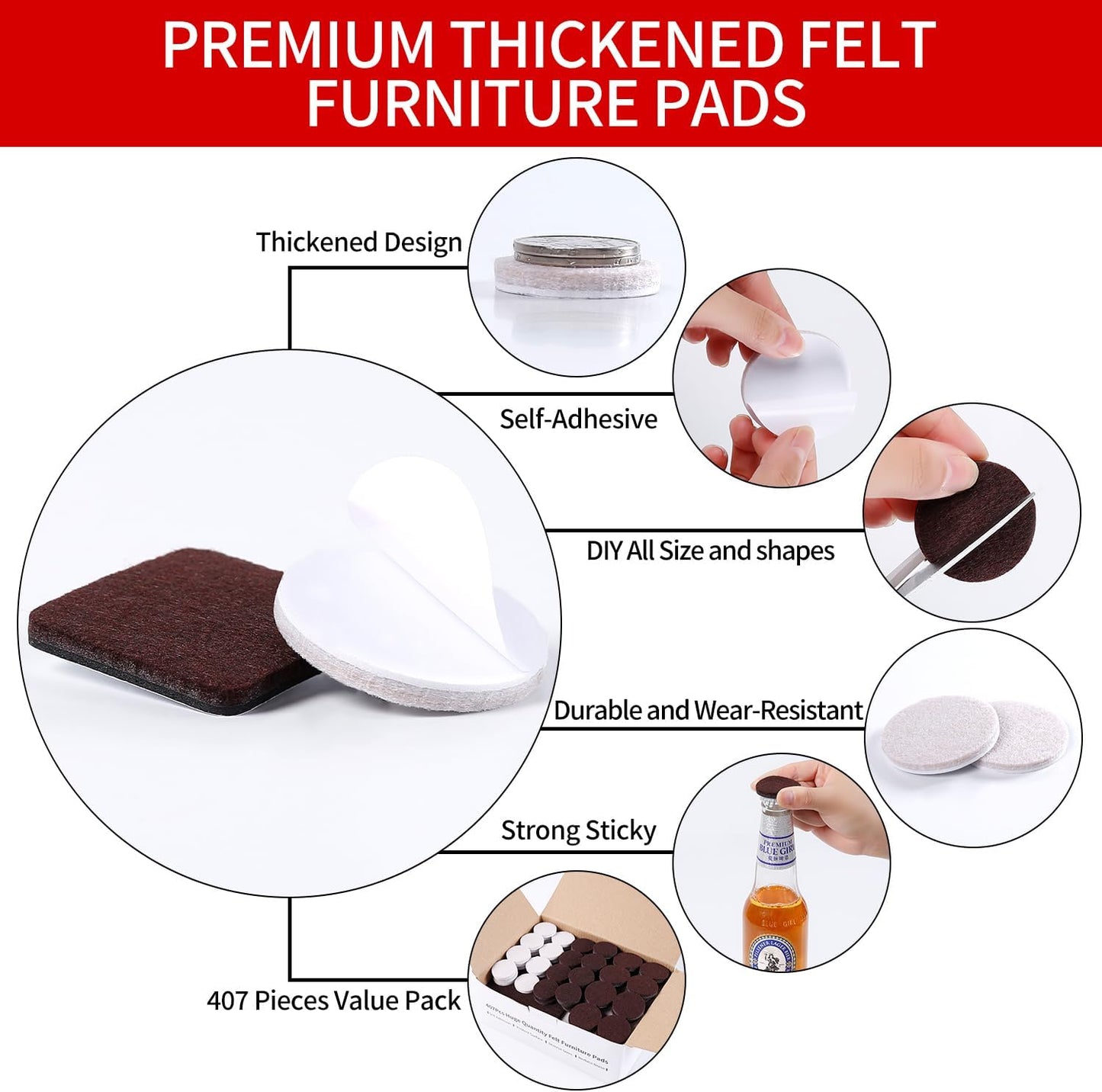 Ezprotekt Felt Furniture Pads for Hardwoods Floors, 440 PCS Self Adhesive Felt Pads for Chairs, Cuttable Anti-Scratch Furniture Feet Floor Protectors for Chair Sofa Bed Table Cabinet (Black)