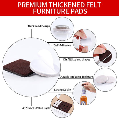 Ezprotekt Felt Furniture Pads for Hardwoods Floors, 440 PCS Self Adhesive Felt Pads for Chairs, Cuttable Anti-Scratch Furniture Feet Floor Protectors for Chair Sofa Bed Table Cabinet (Black)