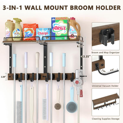 Mop Holder Wall Mount with Cleaning Supplies Organizer, Wood Mop and Broom Hanger Rack Organizer with Anti-Fall Wall Shelf with 5 Clips & Hooks for Garage Laundry Room Kitchen (Brown)