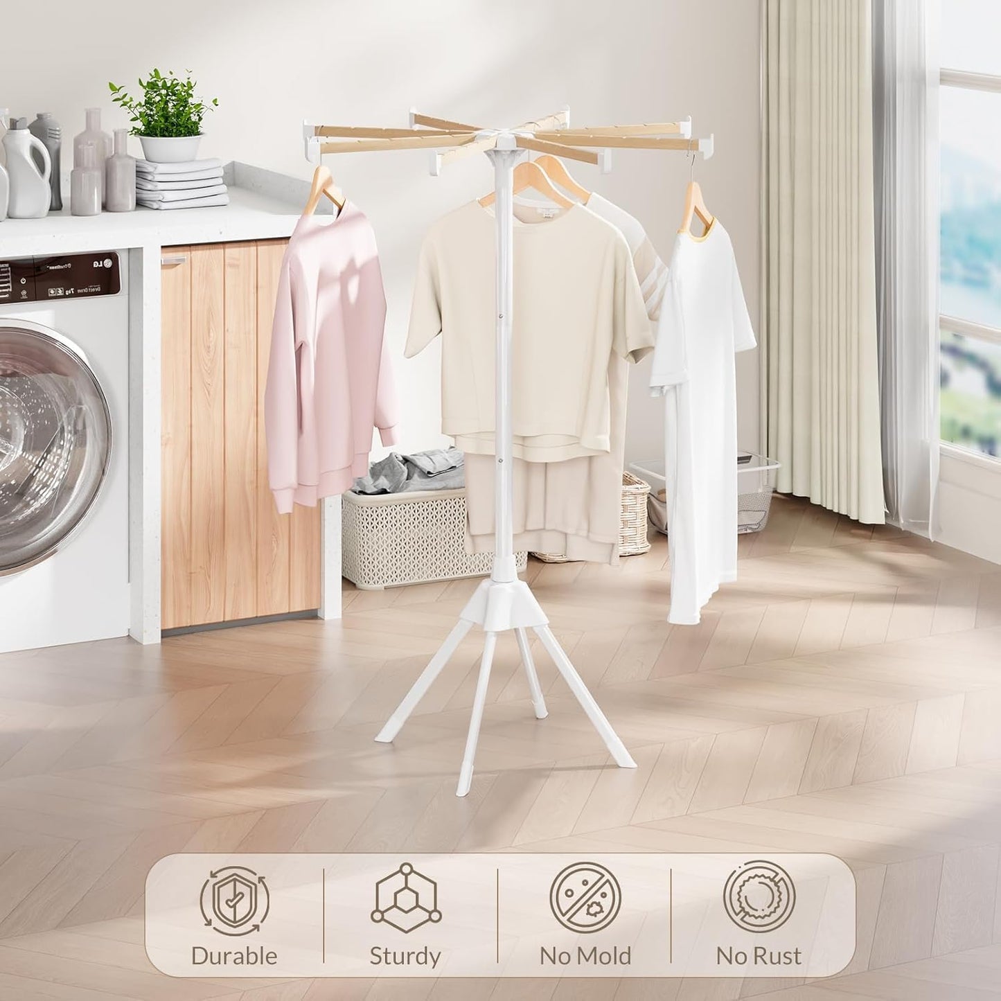 Wood Clothes Drying Rack, Foldable Collapsible Laundry Rack with 8 Adjustable Rods, Stable Space Saving Garment Organizer for Indoor Outdoor, Laundry Room, Bedroom, Bathroom, Balcony, RV, Camping