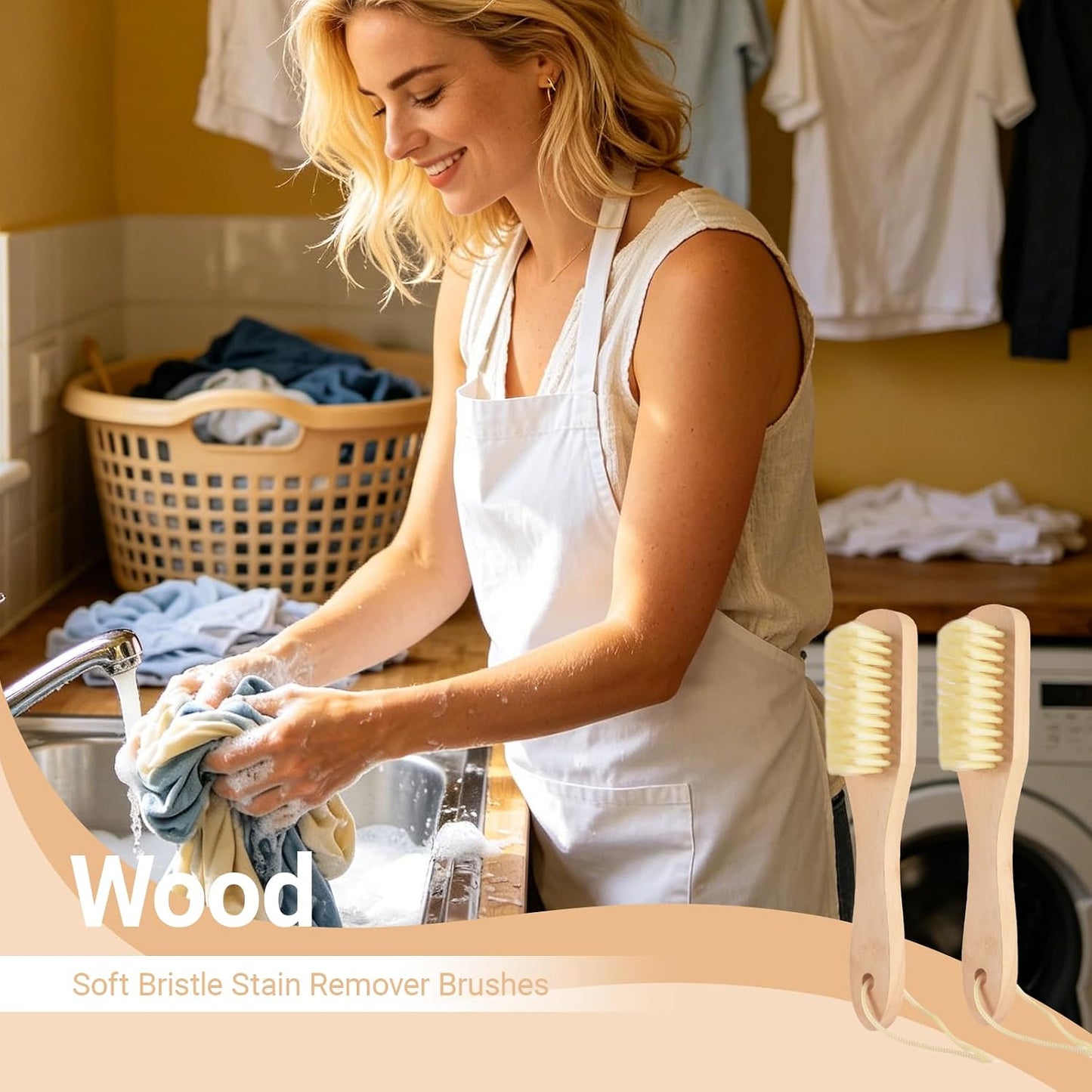 6 Pack Wood Laundry Brush, Soft Bristle Shoe Stain Remover Brushes Protable Multi Cleaning Brush with Long Handle for Clothes, Sneakers, Sole Scrubbing Stains Gentle on Fabrics (6)