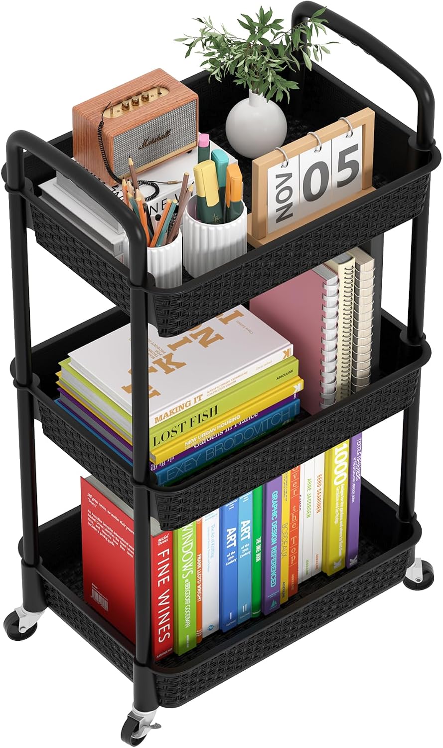 MOYIPIN 3-Tier Plastic Rolling Utility Cart with Handle,Utility Storage Cart for Office, Living Room, Kitchen,Movable Storage Organizer Shelves,White