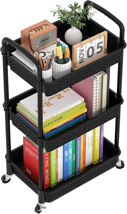 MOYIPIN 3-Tier Plastic Rolling Utility Cart with Handle,Utility Storage Cart for Office, Living Room, Kitchen,Movable Storage Organizer Shelves,White