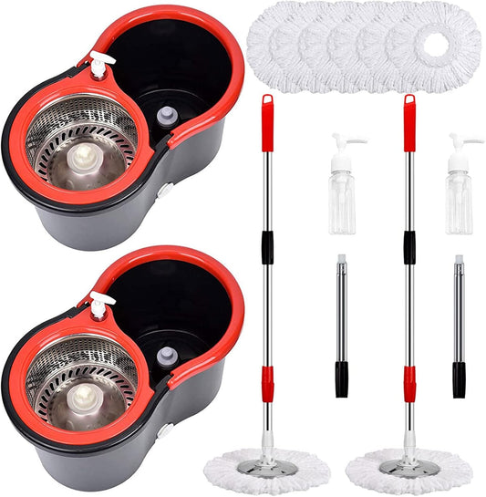 Mop and Bucket Set, 360° Spin Mop and Bucket with Wringer Set and 3 Microfiber Mop Refills, Stainless Steel 61" Extended Handle Spinning Mop Bucket System for Floor Cleaning