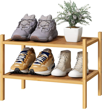 kiplant Small Shoe Rack, 4-Tier Bamboo Wood Shoe Rack for Entryway, Stackable Shoe Organizer for Hallway Closet, Free Standing Shoe Racks for Indoor & Outdoor